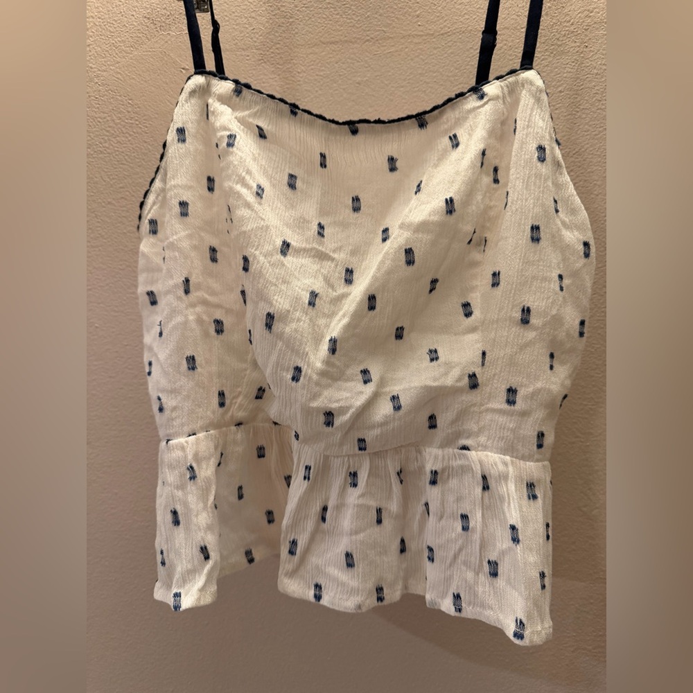 B.O.G Collective White Blue Ikat Peplum Camisole Top with Tassel Back Small - Picture 2 of 5